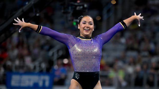 LSU Tigers gymnast Aleah Finnegan performs on floor routine during the 2023 NCAA Women's National Gymnastics Championship at Dickies Arena.